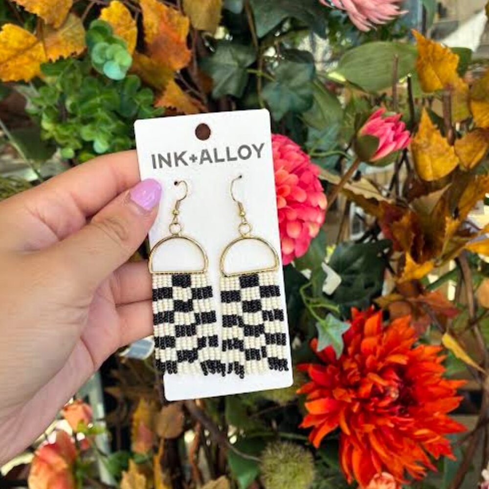 Ink + Alloy - Allison Checkered Beaded Fringe Earrings - Black- NWT